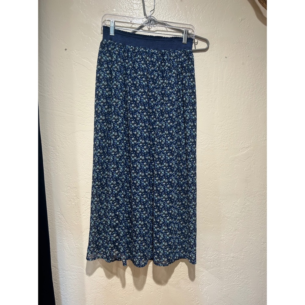 Romy Womens Blue Ditsy‎ Floral Smocked Waist Midi Skirt Size Small Navy Boho